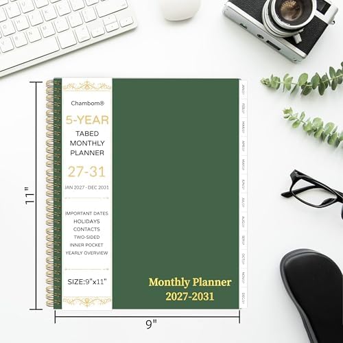 2027-2031 Monthly Planner, 5 Year Monthly Planner/Calendar 2027-2031, 60-Month Jan 2027 – Dec 2031, 9" x 11", Tabs, Double-Side Pocket, Holidays, Thick Paper - Dark Green