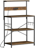 VUSIGN Kitchen Bakers Rack with Power Outlet, 31.5 Inch Coffee Bar Station with 6 S Hooks, 4 Tiers Microwave Stand with Storage, Kitchen Stand for Pots/Pans/Spices, Rustic Brown