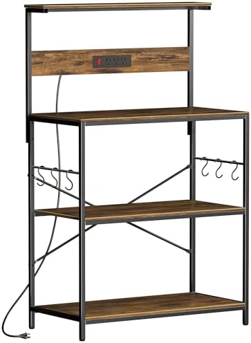 VUSIGN Kitchen Bakers Rack with Power Outlet, 31.5 Inch Coffee Bar Station with 6 S Hooks, 4 Tiers Microwave Stand with Storage, Kitchen Stand for Pots/Pans/Spices, Rustic Brown