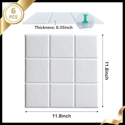 6 Packs White Cork Board Felt Board Tiles, Bulletin Board 12"X12" with 30 Push Pins, Felt Board for Home Kitchen Office Decor, Self-Adhesive Corkboard Tiles for Walls School Message Display Board
