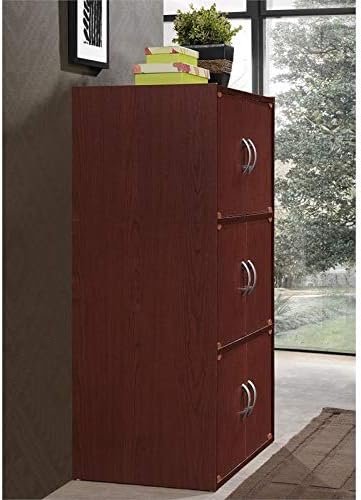 Pemberly Row 3-Shelf 6-Door Wood Bookcase, Mahogany Finish, 41" H x 23.40" W x 15.5" D, Slim Versatile Design, Multi-Purpose for Office, Bedroom, Kids Room, Kitchen or Entryway Storage