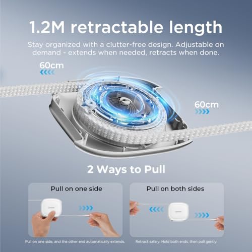 Lenovo 240W USB-C Retractable Cable, PD Fast Charging USB-C to USB-C, Smart Retractable Design, 1.2m (3.94 Ft), 480Mbps Data Transfer, Compact Portable Charger Cable for Laptop Tablet Phone, White