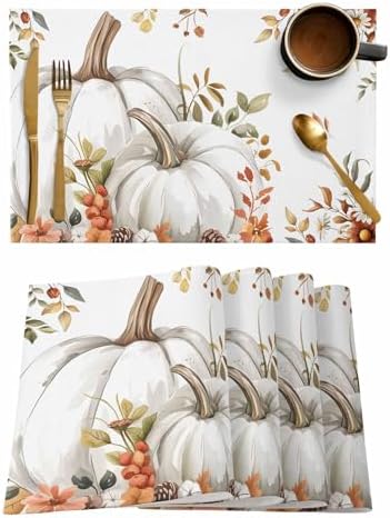Fall Floral Leaves Placemat, Thanksgiving Pumpkins Heat Resistant Washable Table Place Mats Boho Cotton Table Linens Party Holiday Decorations for Home Kitchen Dining Table Outdoor Indoor,