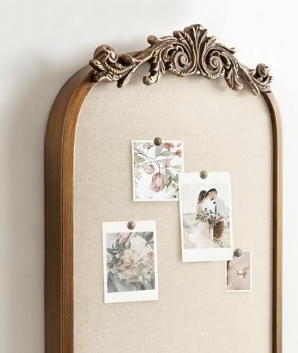 Kate and Laurel Arendahl Arch Pinboard; Gold; 13 x 25; Framed Arched Ornate Vintage Cork Board for Unique Display; Organization; and Decor Options
