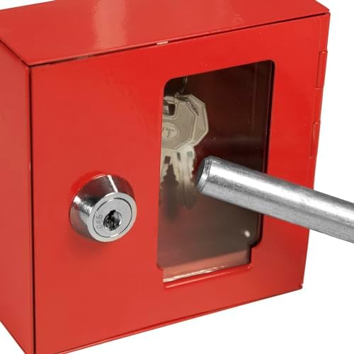 Barska Red Key Lock Breakable Glass Window Alarm Emergency Key Storage Lock Box with Attached Hammer for Home and Business