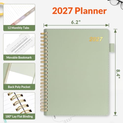SUNEE 2027 Weekly & Monthly Planner 6.2"x8.5"- 12 Month (January 2027 - December 2027), Vegan Leather Cover, Pocket, Bookmark, Notes, Monthly Tab, Sage Green