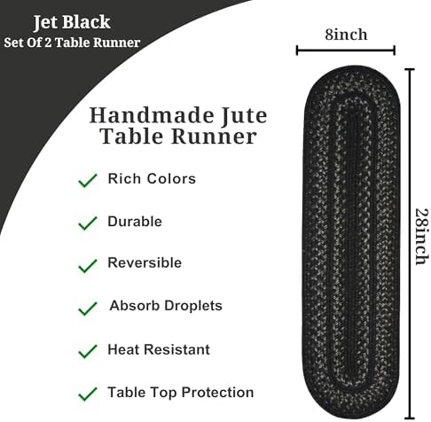 Homespice Jet Black Jute Braided Table Runner, Oval 8x28 Set of 2