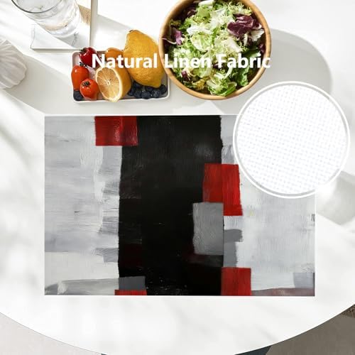 Batmerry Grey Modern Modern Art Linen Placemats Set of 6, Red Art Plaid Washable Table Mats for Kitchen Table Thickened Heat Insulation Dining Set Indoor Outdoor 12X18 in