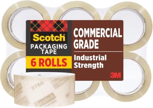 Scotch Commercial Grade Shipping Packaging Tape, 1.88" x 54.6 yd, Designed for Packing, Shipping and Mailing, Guaranteed to Stay Sealed, 3" Core, Clear, 6 Rolls (3750-6) (Pack of 6)