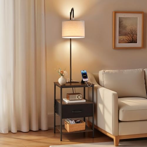 VEVOR Floor Lamp with Table, 3-Tier End Table with Drawer and 3 Color Temperature Lighting, Modern Side Nightstand Bedside Desk with USB & Type C & AC Charging Port for Living Room, Bedroom, Dorm