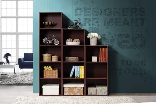 Pemberly Row 5-Shelf Wooden Bookcase, Mahogany Finish, Slim Multipurpose Storage Organizer, 59.06 in. H x 15.91 in. W x 11.77 in. D, Contemporary Design for Home Office, Bedroom, or Living Room Use