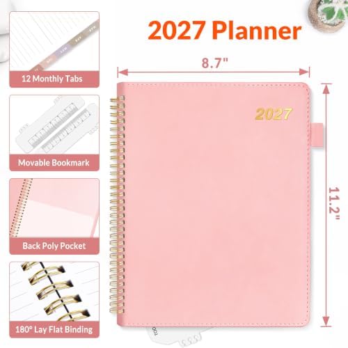 SUNEE 2027 Weekly & Monthly Planner 9"x11.2"- 12 Month (January 2027 - December 2027), Vegan Leather Cover, Pocket, Bookmark, Notes, Monthly Tab, Peach Pink