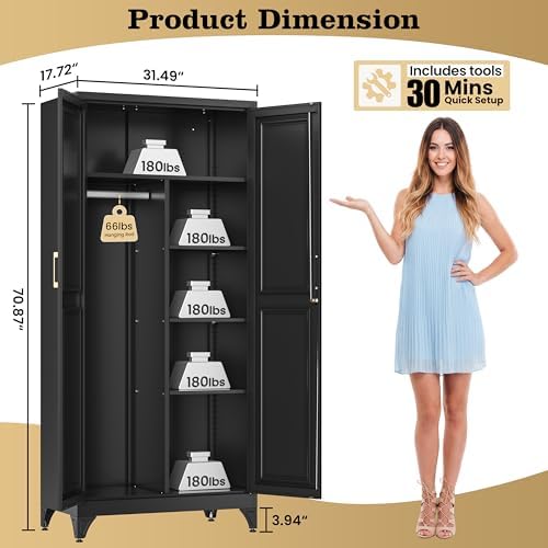 71" Metal Wardrobe Closet with Lock, Black Storage Cabinet with Hanging Rod & 3 Adjustable Shelves, Heavy Duty Steel Armoire for Clothes, Secure Lockable Organizer for Bedroom, Home Office & Laundry
