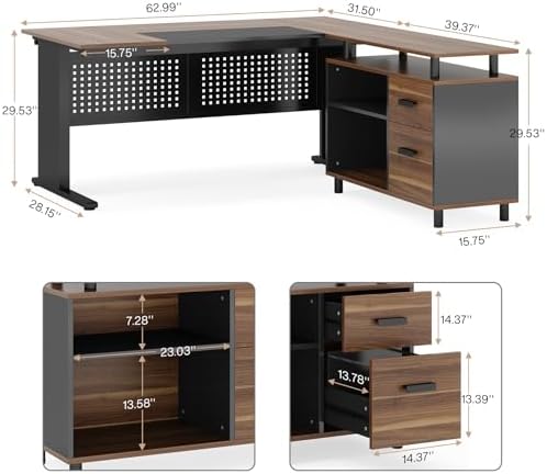 Tribesigns 63 Inch Executive Desk with File Cabinet, Large Office Desk L Shaped Computer Desk with Drawers and Storage Shelves, Business Furniture Desk Workstation for Home Office, Brown and Black