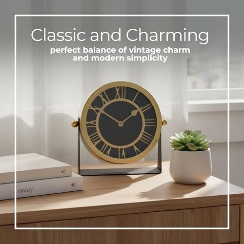 Metal Table Clock for Living Room Decor - Desk Clock for Office Desk, Study Room, Living Room, Mantel or Table Styling - Small Home Decor for Shelf or Tabletop Display - 7", Gold & Black