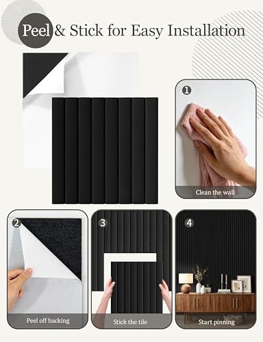 Felt Bulletin Board Tiles 48" x 36", Large Pin Board Wall Organizer Alternative, Self Adhesive Felt Wall Panels with 50 Push Pins & Storage Pouch for Office, Bedroom and Study Room, Black