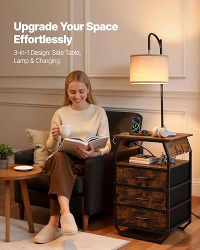 VEVOR Floor Lamp with Table, End Table with 3 Drawers and 3 Color Temperature Lighting, Modern Side Table Bedside Nightstand with USB & Type C & AC Charging Port for Living Room, Bedroom, Dorm