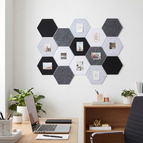12x10 in 16 Pcs Hexagon Cork Board Tiles, Felt Pin Boards, Grey