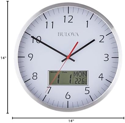 Bulova Manager Wall Clock C4810 | 14" Brushed Aluminum Industrial Frame with Digital Date & Temperature Display | Silent Sweep Quartz Movement | Battery Operated | Office & Home Décor
