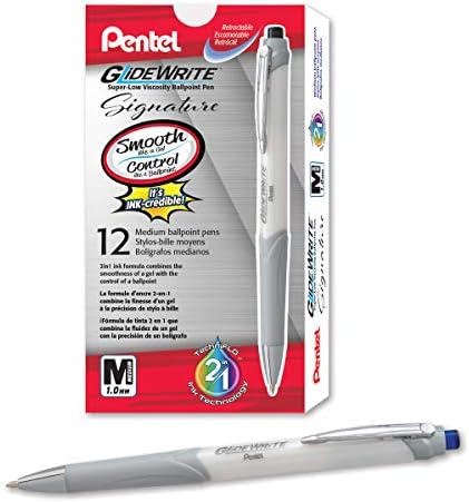 Pentel Glidewrite Signature Ballpoint Pen, Pearl White Barrel, (1.0mm) Medium Line, Blue Ink, 12 Pens (BX930W-C)