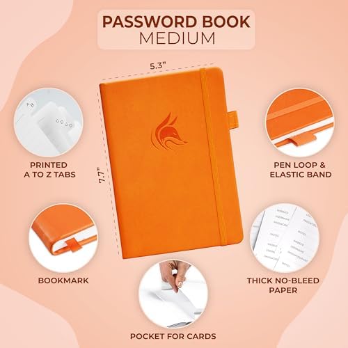 Clever Fox Password Book with Alphabetical Tabs, 5.3"x7.7" Keeper Orange