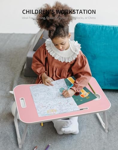 ZEAPTAC Laptop Bed Desk, Foldable Lap Desk, Portable Lap Table, Laptop Stand with Cup Holder, Tablet Slot & Lifting Handle for Work, Write, Draw & Eat on Bed, Sofa or Couch - Pink