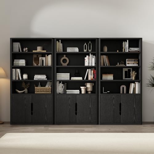 Manhattan Comfort Rivington 79 in Tall Modern Bookshelf with Soft Close Doors, Four Open Shelves and Two Adjustable Shelves, Bookcase Storage Cabinet for Living Room or Office, Set of 3 in Black