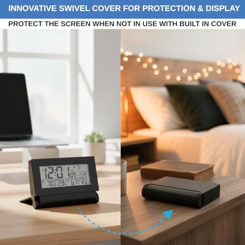 Digital Clock with Atomic RCC Time and Alarm | Indoor Temperature and Humidity Display | Wireless Sensor, Battery Operated with Blue Backlight for Bedroom or Desk