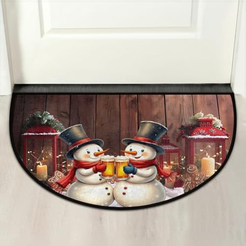 Christmas Snowman Half Round Door Mat Non Slip Washable Xmas Semi Circle Area Rug Absorbent Soft Decoration Half Moon Rug Floor Mat for Indoor Kitchen Bathroom Patio Front Door Mat Decor