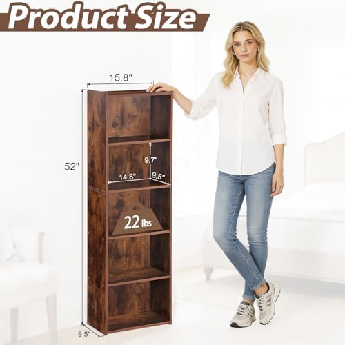 SUPER DEAL 5-Tier Open Shelf Bookcase and Bookshelf, Freestanding Display Shelves Narrow Cube Storage Organizer for Small Spaces Kids Bedroom Living Room Home Office Apartment, 52 Inch, Rustic Brown