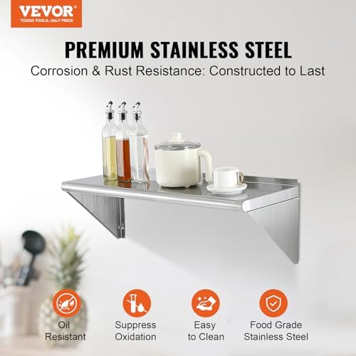 VEVOR 12" x 36" Stainless Steel Shelf, Wall Mounted Floating Shelving with Brackets, 250 lbs Load Capacity Commercial Shelves, Heavy Duty Storage Rack for Restaurant, Kitchen, Bar, Home, and Hotel