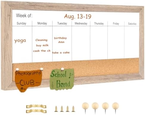 Magnetic Weekly Whiteboard and Cork Board, Brown Wood Frame, 16" x 8"