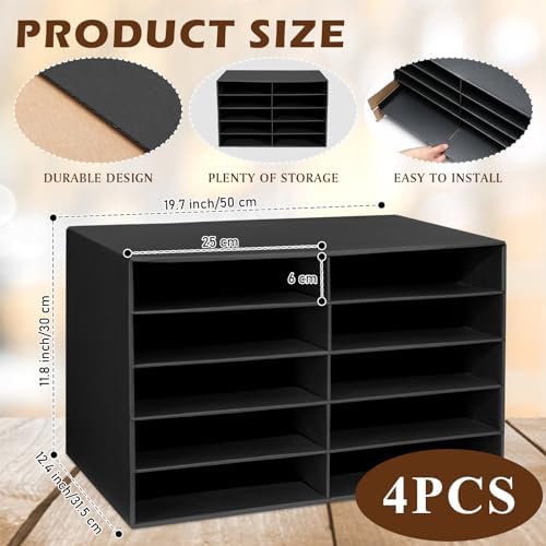 Ireer 4 Pieces Cardboard Paper Organizer, Classroom Mailboxes, Construction Paper Storage, Compartment Literature Sorters, Classroom Organizers for Student Office School (Black,10 Slots)