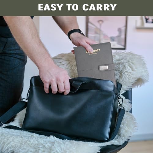 2026-2027 Daily Planner - One Page per Day, 2026-2027 Hourly Daily Calendar(July 2026 - June 2027), 5.7" x 8.26" Appointment Book, Leather Cover + Thick Paper (26-27 Grey)