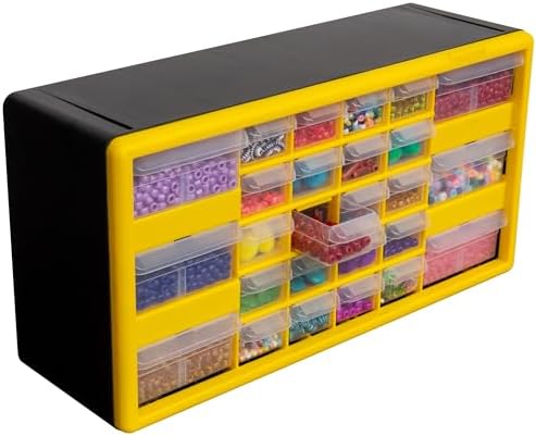 Akro-Mils 26-Drawer Plastic Drawer Storage Cabinet for Garage Organization, Bead Organizer, Building Bricks Storage, Teacher Toolbox, Makeup Organizer, 20-Inch W x 6-Inch D x 10-Inch H, 10126 Yellow