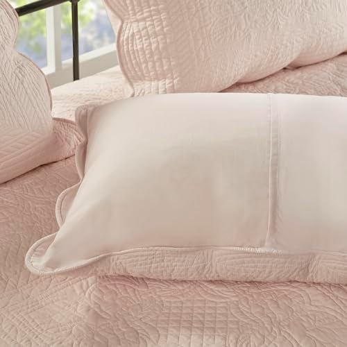 Madison Park Daybed Cover Set-Trendy Damask Quilting with Scalloped Edges All Season Luxury Bedding with Bedskirt, Matching Shams, Decorative Pillow, 75"x39", Tuscany Blush, 6 Piece | All Season, Pre-Washed Cotton-Filled Coastal Bedding with Scallop Ed...