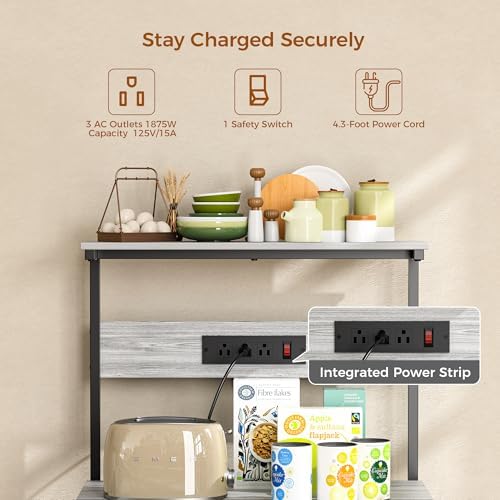VUSIGN Kitchen Bakers Rack with Power Outlet, 4 Tiers Microwave Stand with Storage, 23.6 Inch Coffee Bar Station with 6 S Hooks, Adjustable Shelf Rack for Pots/Pans/Spices, Gray