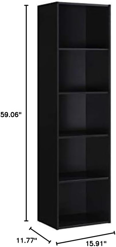 Pemberly Row 5-Shelf Wooden Bookcase, Black Finish, 59.06 in H x 15.91 in W x 11.77 in D, Slim Multi-Purpose Design, Engineered Wood Construction, Contemporary Style for Home or Office Organization