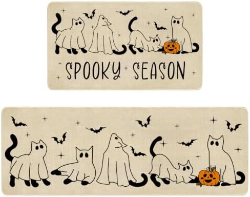 Ghost Black Cat Halloween Kitchen Rugs and Mats Set of 2, (17"x47"+17"x30") Gothic Cute Spooky Season Pumpkin Trick Or Treat Non Skid Washable Runner Rugs for Home Decor Decorations and Accessories