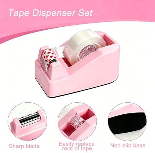 Office Supplies Set Rotating Pen Holder for Desk with Stapler Staple Remover Tape Dispenser,2pcs Tape Refills, Binder Paper Clips Kit, Scissor,Pen Ruler & Sticky Tabs,Pink Office School Supplies(Pink)