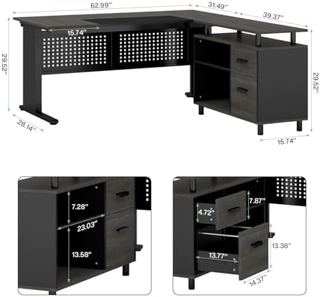 Tribesigns 63 Inch Executive Desk with File Cabinet, L Shaped Office Desk with Drawers and Storage Shelves, Business Furniture Set Workstation for Home Office, Gray and Black