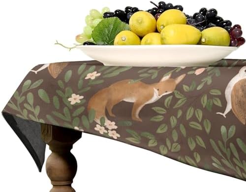 Woodland Animals Tablecloth, Rustic Forest Fox Owl Bird Green Plants Leaves Print Table Cover for Farmhouse Kitchen Dinning Indoor Outdoor Party Decor 60x120in