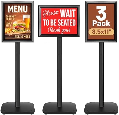 3-Pack Heavy Duty Pedestal Sign Holder Stand 8.5x11 Inch, Adjustable Floor Standing Sign Holder with Weighted Base, Vertical & Horizontal Menus Signage Stands for Outdoor Advertising, Posters, Black