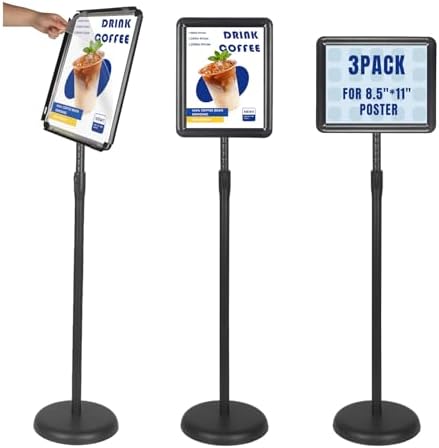 HUAZI 3PACK Sign Stand Holder Floor Sign Holder with Base for 8.5x11 inches,Both Vertical & Horizontal View Displayed,Snap-Open Frame with Safety Corner for School Church,Black