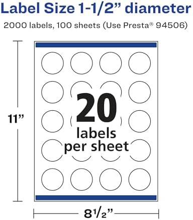 Avery Matte White Round Labels, Sure Feed Technology, 1.5" Diameter, 2,000 Matte White Printable Labels