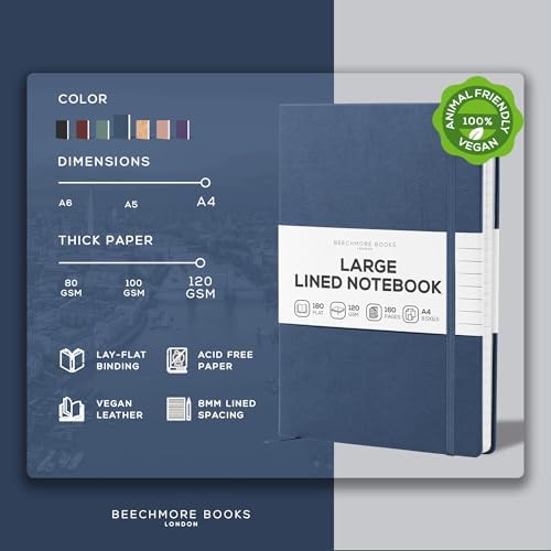 BEECHMORE BOOKS A4 8.5x11.5 Lined Leather Journal For Men 120 GSM, Gift Box