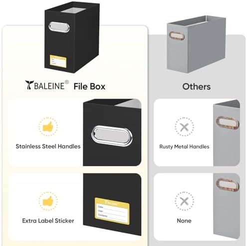 BALEINE 8PK File Organizer Box, Cardboard File Folder Organizer with Handle | Strong Corrugated Paper Core, Label Stickers for Identification, Hanging File Folder Organizer, Home Office Document Storage