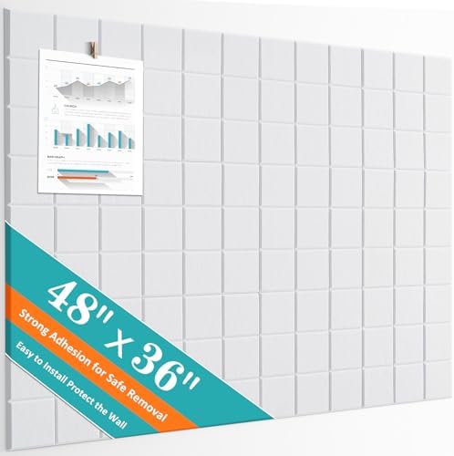 Cork Board for Walls 48" x 36", Bulletin Board for Office Decor, 12 Pack Felt Wall Tiles with Safe Removable Adhesive, Pin Tack Corkboard for Quilting Design & Dart Wall Protector - White