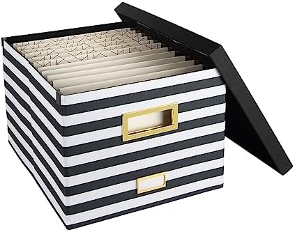 BLU MONACO | Decorative Hanging File Box with Lid | File Bins with Lids for Desk Storage | Desktop Hanging File Organizer for Legal Letter Folders Black White