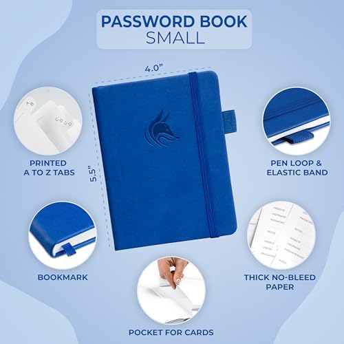 Clever Fox Password Book with Alphabetical Tabs, 4"x5.5" Keeper Royal Blue